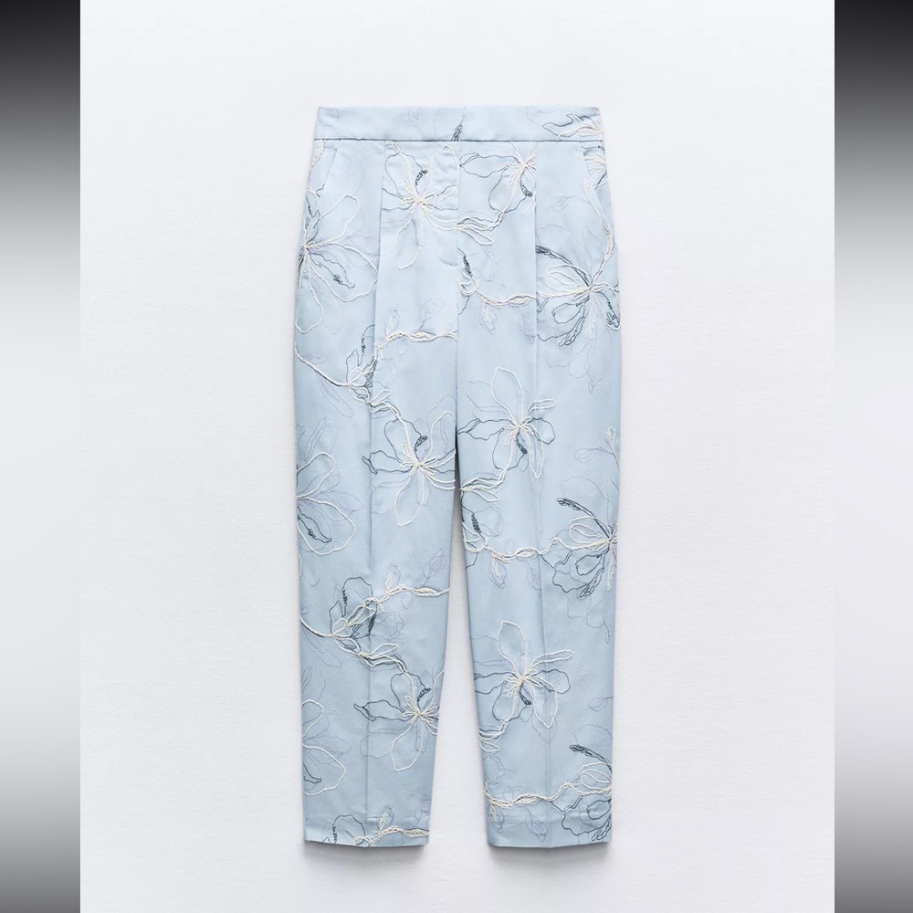 Floral Embroidered Light Blue Pants